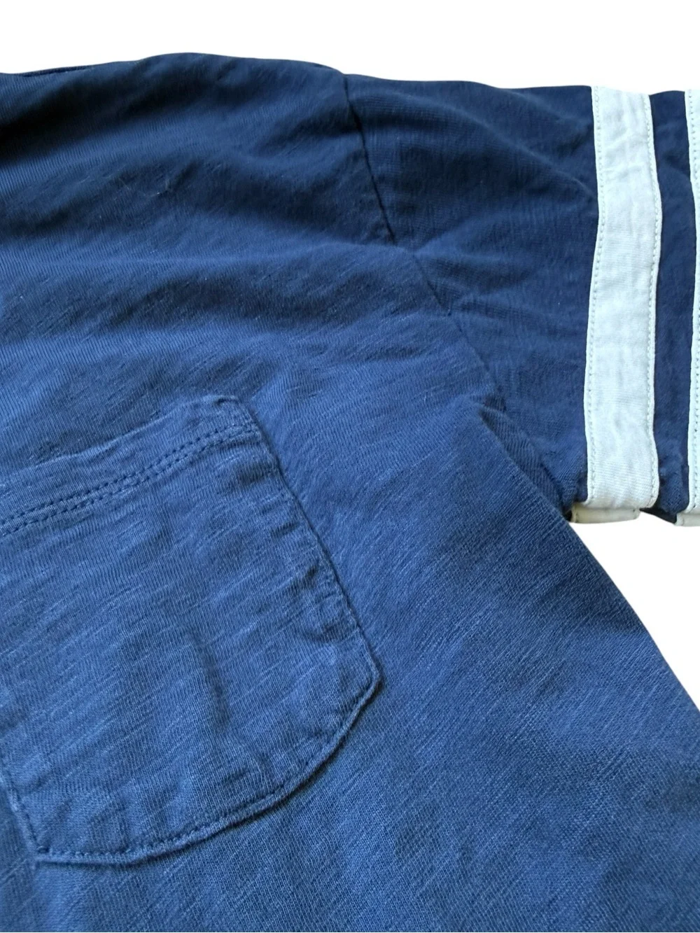 Mini Boden Boys Layered Look Pocket Tee Shirt Blue Gray Varsity Stripe 6-7Y